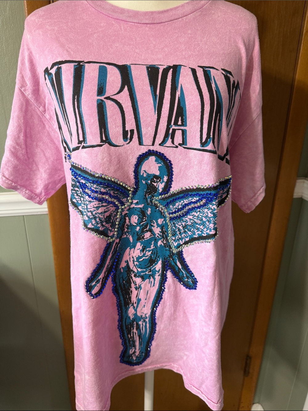 NWT NIRVANA Pink Short-Sleeve Rhinestone Tee with Blue Angel Graphic Size L